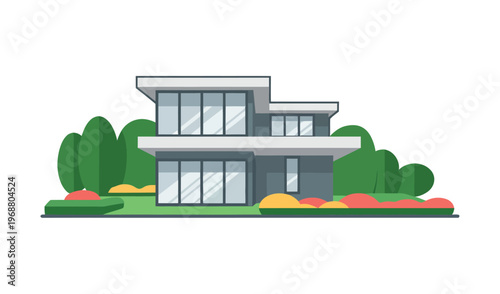 A modern two-story house with a large yard and colorful flowers in front of it.