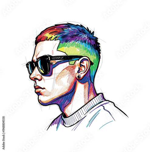 Stylish young man with rainbow hair and sunglasses in a modern sketch style