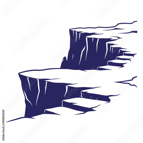 Dark blue silhouette of a rocky cliff edge with layered stone plateaus and steep vertical rock faces isolated on a white background