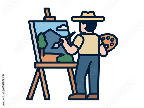 A cartoon painter creating a landscape painting on an easel with a palette in hand.