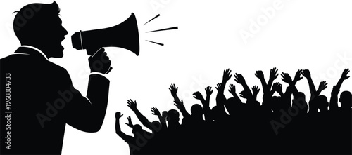 Silhouette of a man speaking into a megaphone to a crowd
