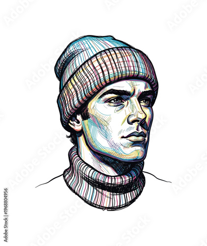 Vibrant line art portrait of a young man wearing a beanie and turtleneck sweater