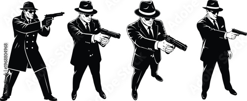 Four men in suits and hats with guns a noir style illustration