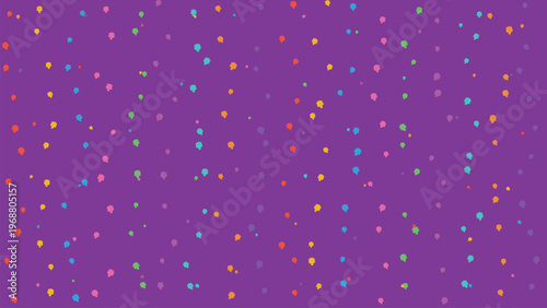 Seamless pattern with vibrant colorful dots and irregular abstract specks on a bright purple background, creating a cheerful, playful, modern design, ideal for fabric, wrapping paper,