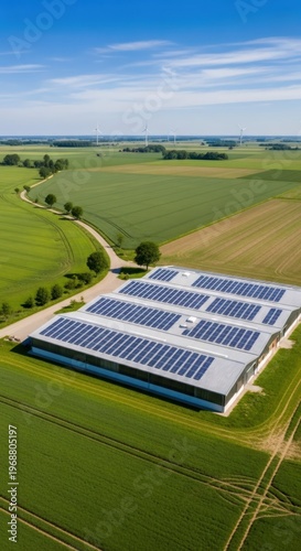Industrial warehouse with solar panel roof in agricultural landscape. Modern farm building utilizing renewable energy, sustainability concept, sustainable power generation and ecology.