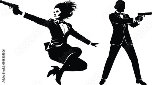 Dramatic silhouette of two figures with guns in a dynamic action scene