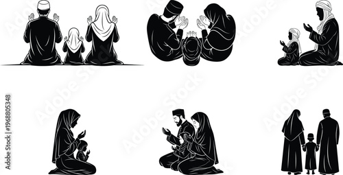 Black and white silhouettes of figures in traditional garments