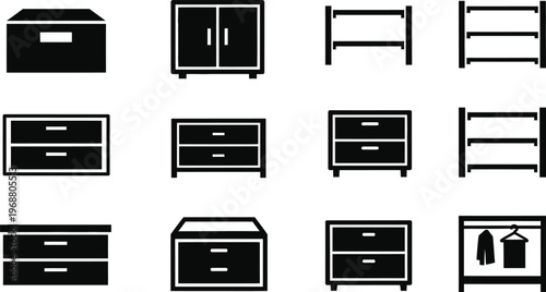 Furniture icons set chests cabinets and bed frames in black and white