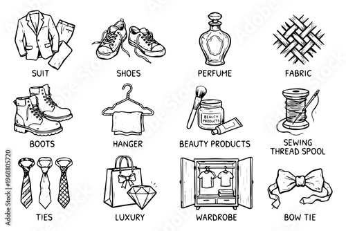 A minimalist vector graphic illustration of various fashion items on a transparent background