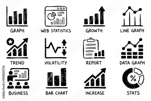 A set of black and white vector graphics illustrating various business and statistical concepts on transparent background