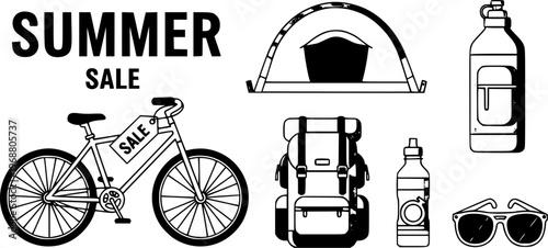Summer Sale Outdoor Camping and Sports Equipment Set for Advertisement and Product Mockup