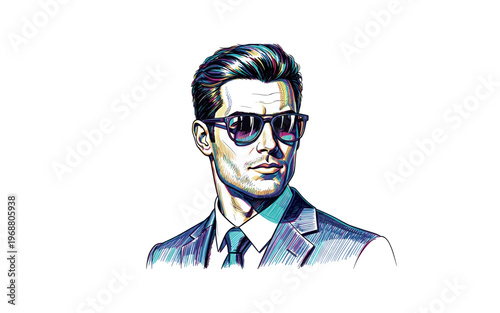 Stylish man in sunglasses and suit, vibrant pop art illustration