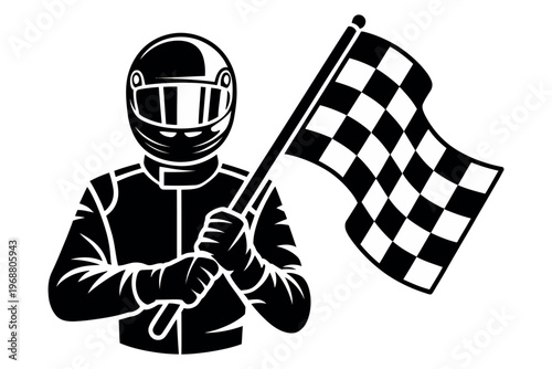 Race car driver holding checkered flag, celebrating victory after winning competition, professional racer in helmet and suit.