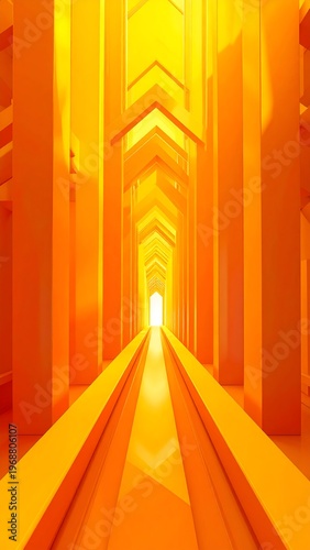 Symmetrical, bright orange hallway leads to a luminous white end