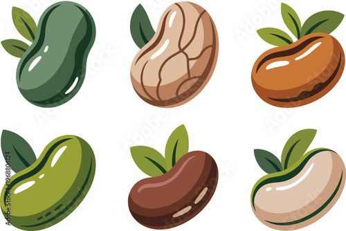 Collection of different types of beans, including green, pinto, kidney, and lima, with leaves.