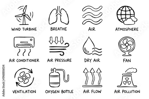 A set of flat line art icons depicting various air and atmosphere related concepts on transparent background