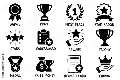 A set of black and white vector icons representing awards and rewards on transparent background