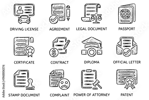 A set of line art icons depicting various legal documents on transparent background