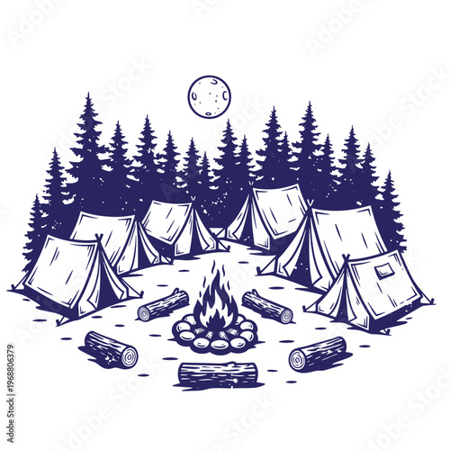 Camping scene with multiple tents arranged around a central campfire with logs in a dark pine forest under a full moon in a two color style