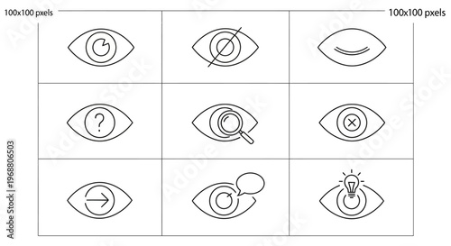 Set of Eye Vision Perception Line Icons, View Search Idea Restricted Sight, isolated white background