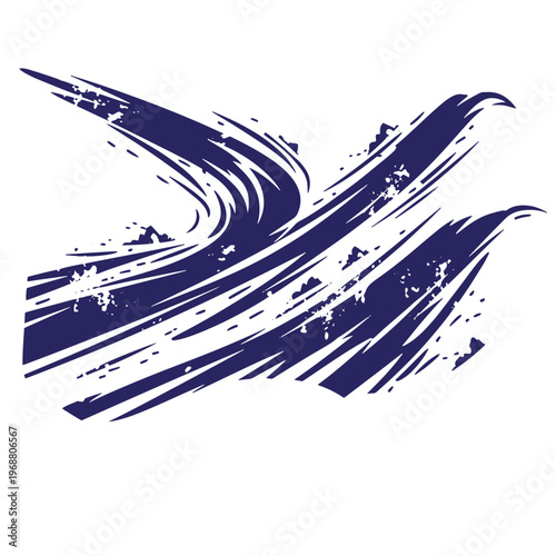 Dark blue abstract with sweeping curved brush strokes and distressed paint splatter textures on a white background