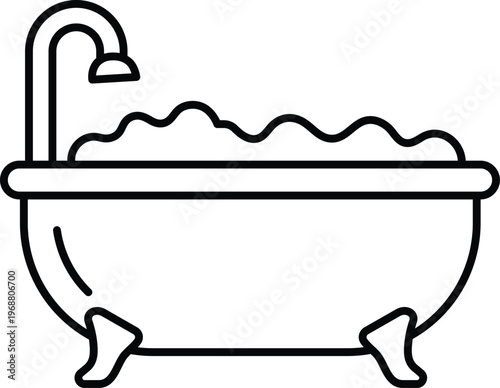 Black outline of a clawfoot bathtub filled with foamy bubbles and a faucet black and white