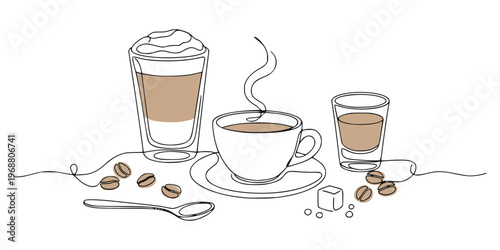 Line art showing assorted coffee drinks with beans and spoon on white background, minimal style expressing cozy cafe mood