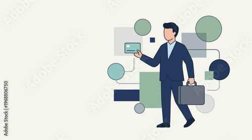 Business professional holding a credit card with abstract geometric elements and briefcase
