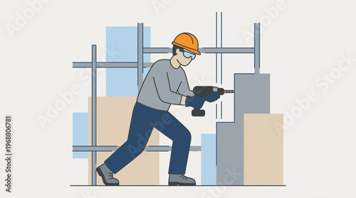 Construction worker in safety gear operating a power drill on a building structure