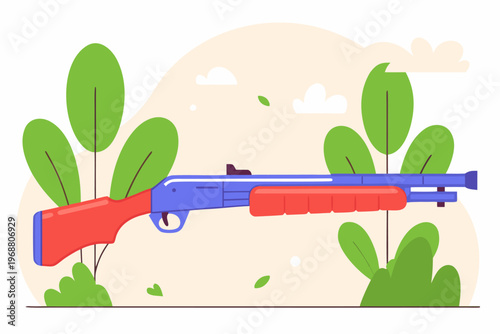 Shotgun lying horizontally in garden foliage illustration