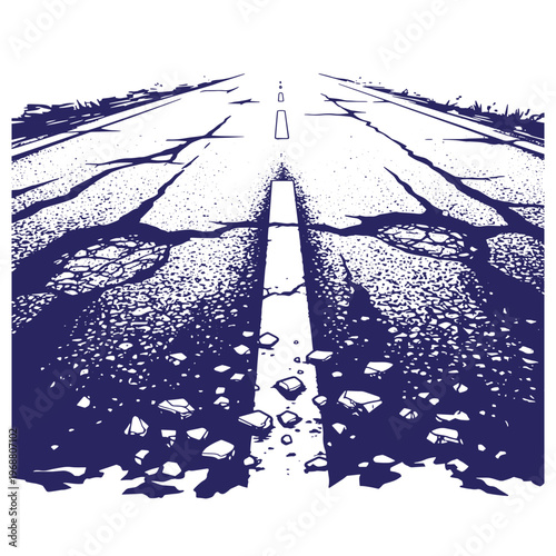 Dark blue ink of a damaged asphalt road with deep cracks and potholes stretching into the distance with a central white lane marker and scattered debris on a white background
