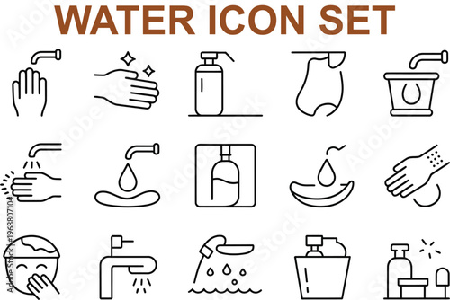 Water icons set including handwashing and hygiene related symbols and objects