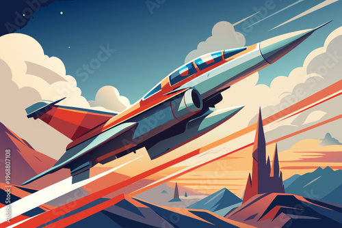 Fighter jet climbing over mountainous landscape at sunset