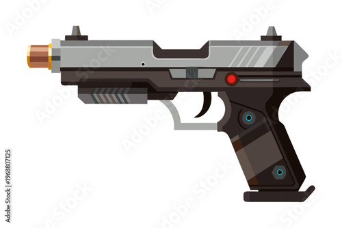 Futuristic handgun rendered in side view on white background