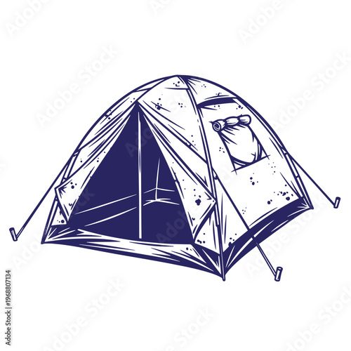 Dark blue ink of a dome camping tent with an open entrance and a rolled up window flap isolated on a white background