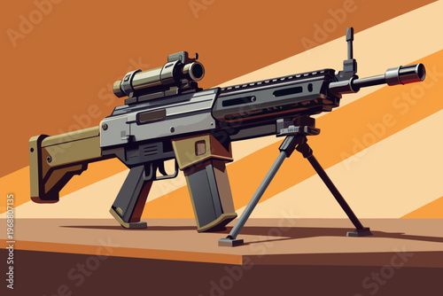 Assault rifle resting on bipod with scope on tabletop