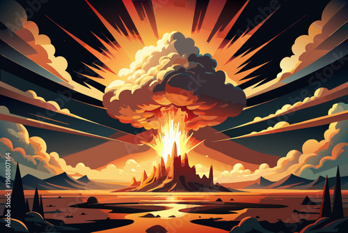 Volcanic explosion forming mushroom cloud over barren landscape