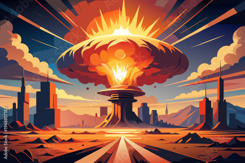 Mushroom cloud explosion over futuristic city skyline at dusk
