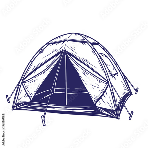 Dark blue ink of a dome camping tent with open front flaps and support poles isolated on a white background