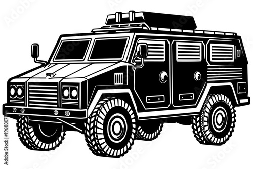 Armored off road vehicle detailed black and white illustration