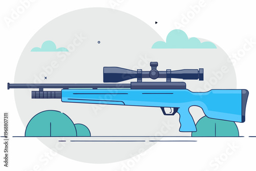 Blue sniper rifle laid flat on minimal outdoor illustration background