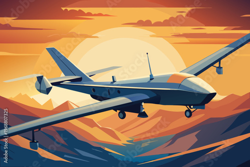 High altitude fixed wing drone flying over mountain valley at sunset