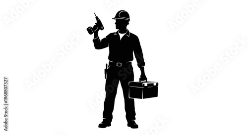 May Day Silhouette of a male worker, laborer, technician, or engineer with a drill and toolbox, industrial silhouette Vector
