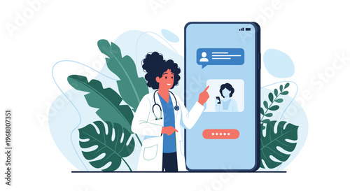 Female doctor pointing to a large smartphone screen showing a patient for an online medical video consultation.