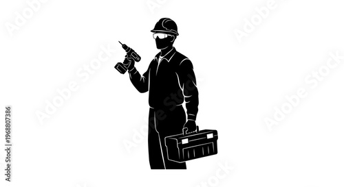 May Day Black silhouette worker, industrial laborer, construction worker, toolkit vector Vector