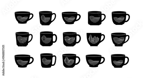 Black coffee cup silhouettes with topographic line patterns showing abstract waves on ceramic mugs for modern brand identity and creative lifestyle photography
