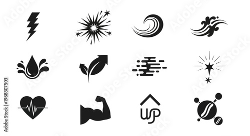 Energy and power icons set featuring lightning bolts explosions and waves for supplement packaging fitness branding and dynamic performance graphic design needs