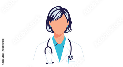 Professional female doctor avatar with short blue-streaked hair wearing a white coat and a stethoscope on her neck.