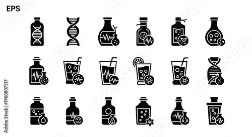 Medical and scientific themed vector icons set featuring dna structures, laboratory beakers, and health related beverages