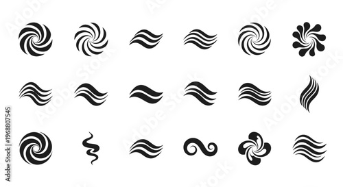 Abstract swirl and vortex line patterns showing spiral motion and wind flow for creative logo design or textile prints featuring fluid curved geometric shapes